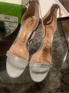 Sam Edelman Silver Glitter Open-Toe Ankle-Strap Heels